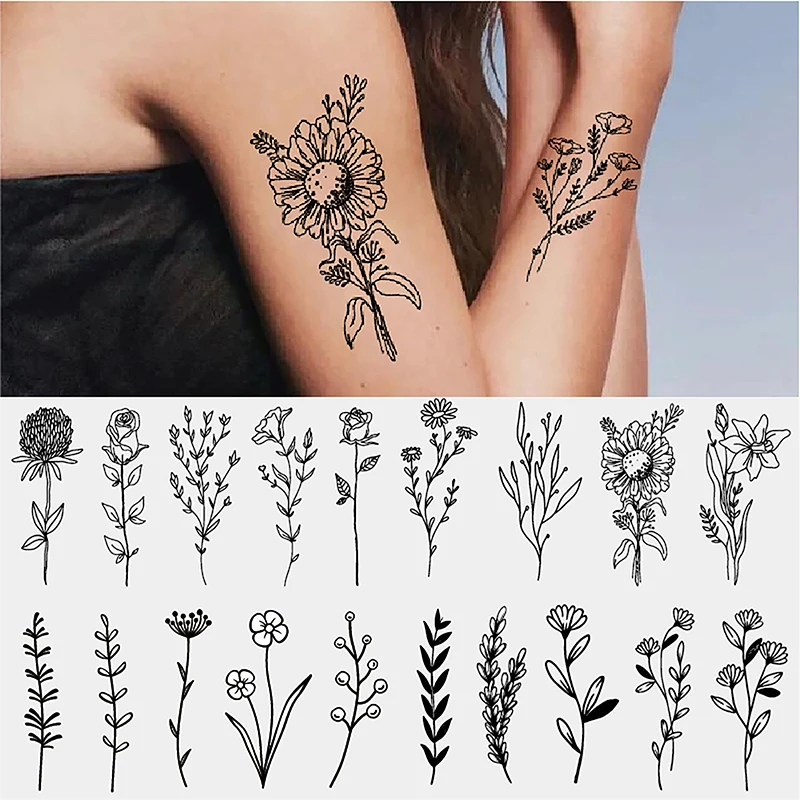 

Водостойкие одноразовые временные тату-наклейки, растения, лаванда, цветок, линии, маленькие свежие черные, белые наклейки с цветами лилии