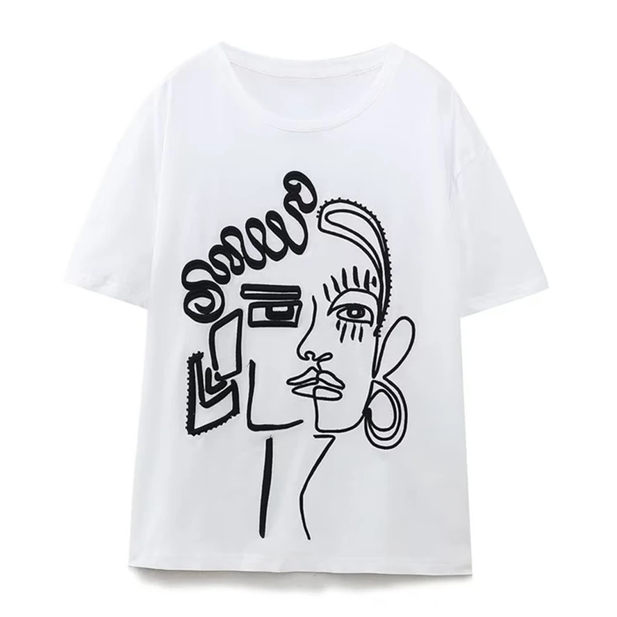 

Женская хлопковая футболка с коротким рукавом, круглым вырезом и принтом