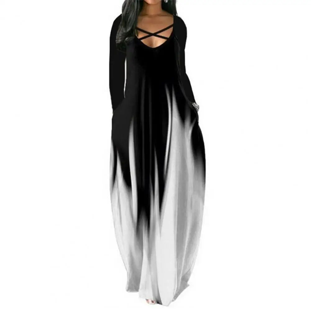 

Elegant Dresses for Women 2022 Autumn O-neck Cross Straps Long Sleeve Side Pockets Long Dress Gradient Color Dress White XXXL