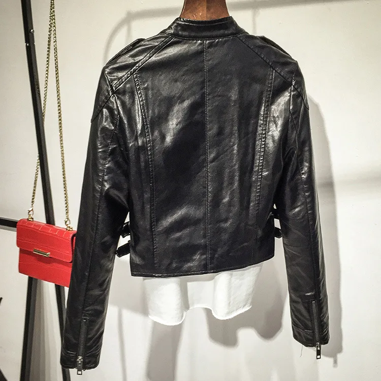 Spring and autumn stand collar casual ultra-short leather clothes women slim fashion high waist motorcycle jacket small coat