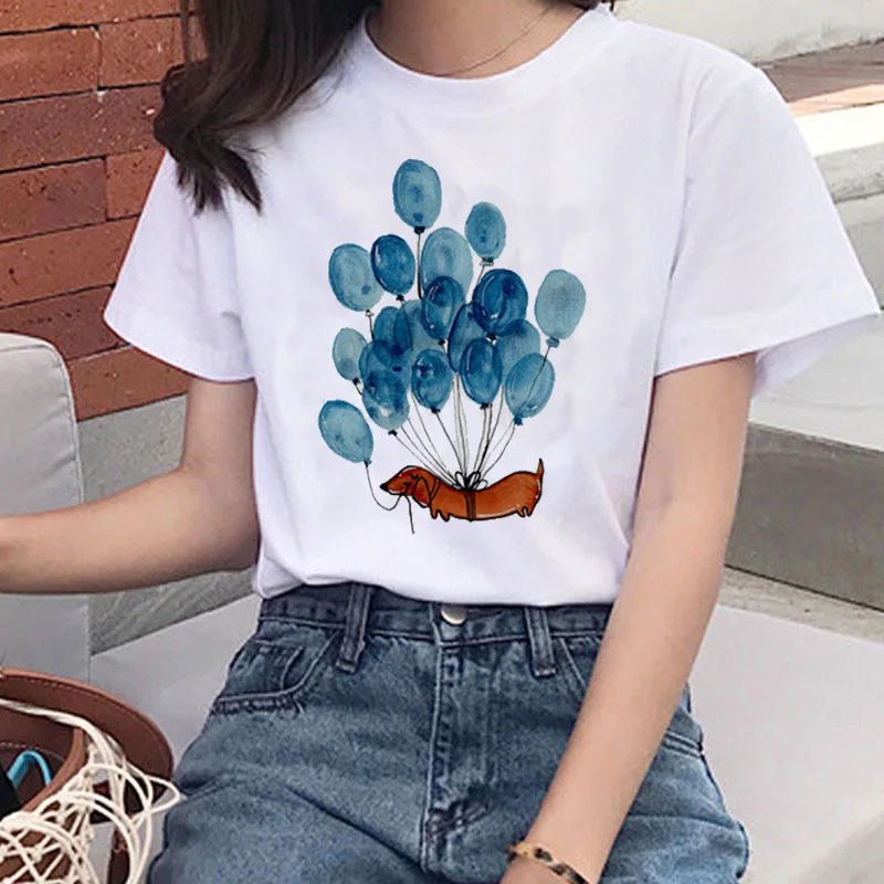 

Women's Blue Balloon Dachshund Pug T Shirt Funny Girl Harajuku Cute Dog T-shirt Pit Bull Tshirt Top Female Animal Graphic Tees