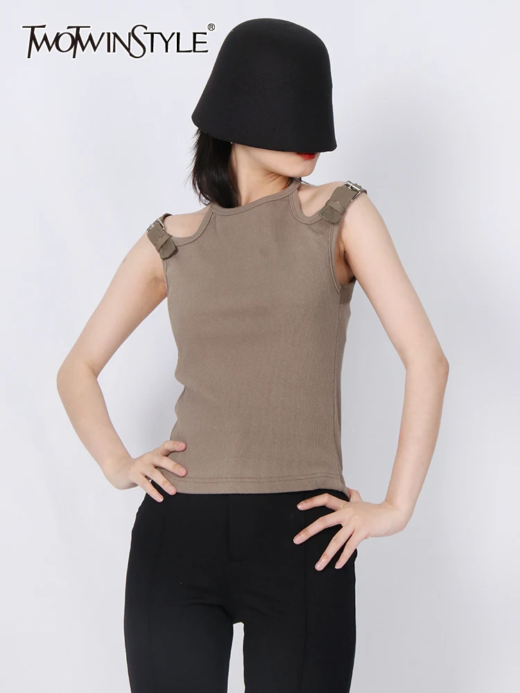

TWOTWINSTYLE Casual Vest For Women Round Neck Sleeveless Hollow Out Solid Minimalist Slim Vests Females Summer Clothing 2022 New