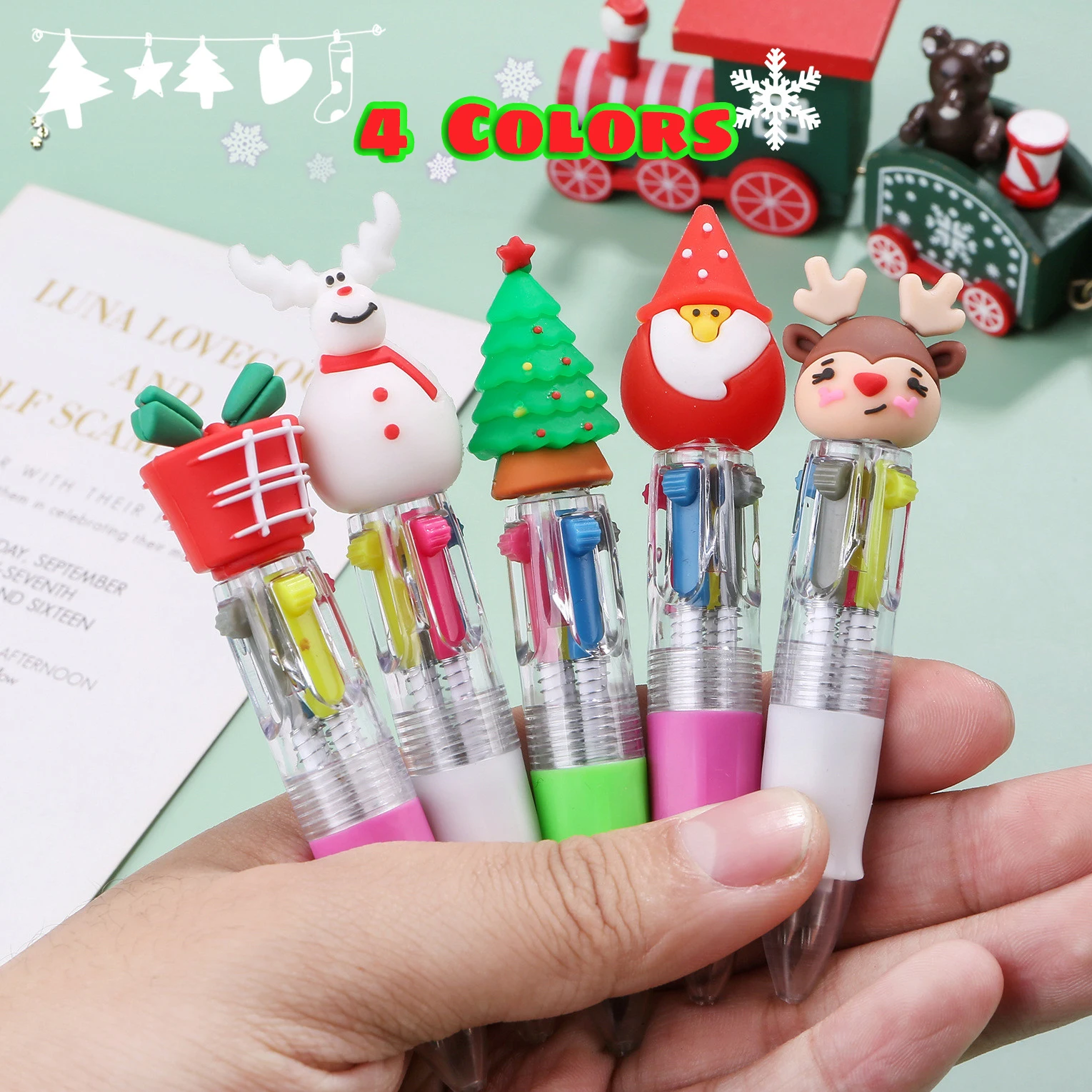 5 pz/lotto Kawaii Christmas Mini penna a sfera a 4 colori Cute Elk regalo di babbo natale penna retrattile cancelleria materiale scolastico