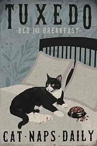 

cafumcak Tuxedo Cat Bed and Breakfast Cat Naps New Vintage Metal Tin Sign Decor for Home Office Restaurant Garage Bar 8X12 Inch