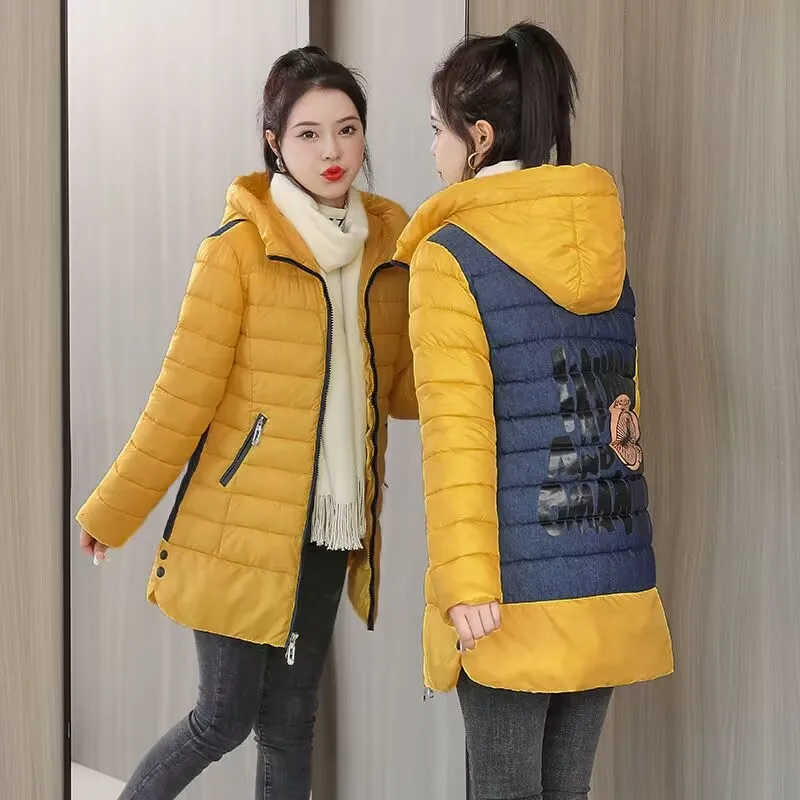 

Women's Mid-Length Printed Slim Jacket, Cotton Coat, New Parka, 2023, Winter