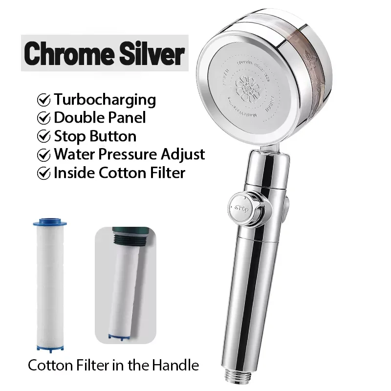 

Double Panel Luxury Shower Head with Fan Turbocharged Batheroom Filter Shower Nozzle Silver Green Black Rain Shower