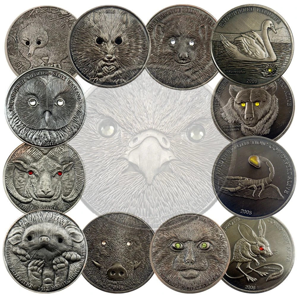 Source of wholesale procurement sales volume ranking Mongolian Endangered Wild Animal Collectible Coins With Crystal Eyes Protected Animal Sliver Plated Souvenir Coin Set Decor Gift Good brand