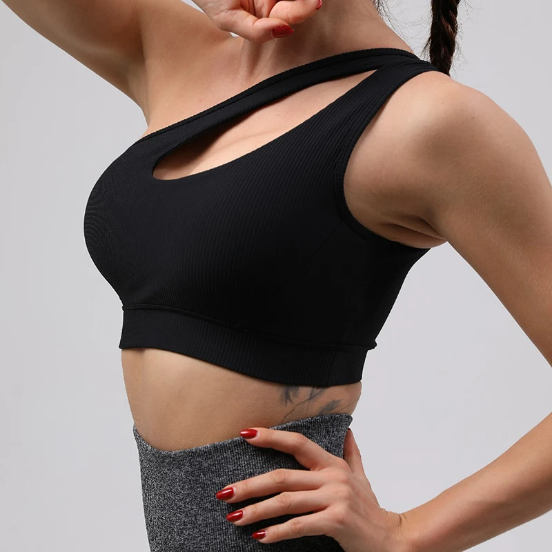 

ASHEYWR New One Shoulder Bras Women Fitness Shockproof Hollow Push Up Bra Tops Solid Breathable Workout Underwear Female