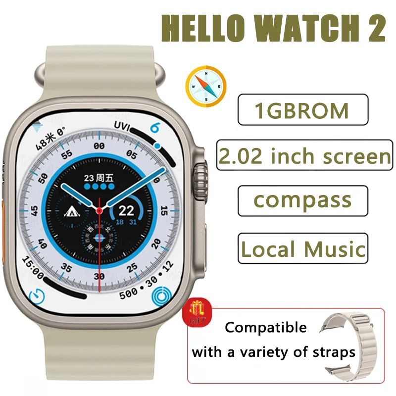 

Hello Watch2 Men Smart Watch Ultra 2023 New Upgraded 49mm Compass NFC Smartwatch 1GB ROM Local Music Play 450mAh for Android IOS