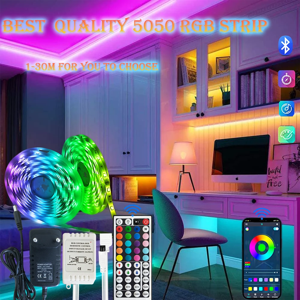 

1-30M 12V Led Waterproof Interior Lighting 5V Light 5050 RGB Strip Lights Strips Bedroom Christmas Decorations 2022 Bluetooth IR