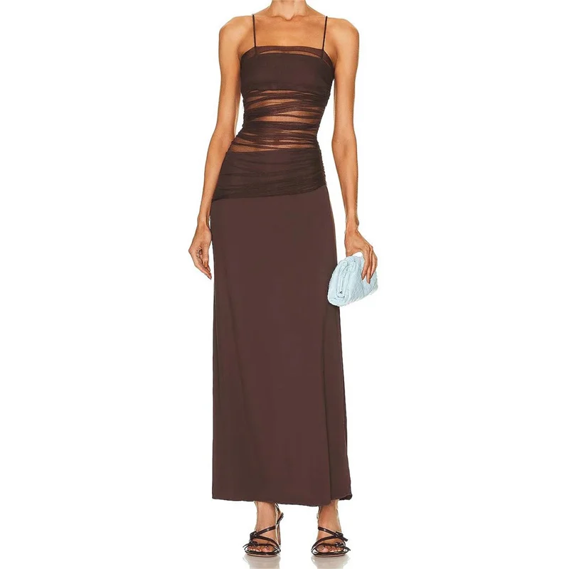 

Summer Dress Woman 2023 Trendy Tulle Spliced Slim Fit Suspended Dress Korean Fashion Silk Blend Long Dresses y2k Sleeveless Top