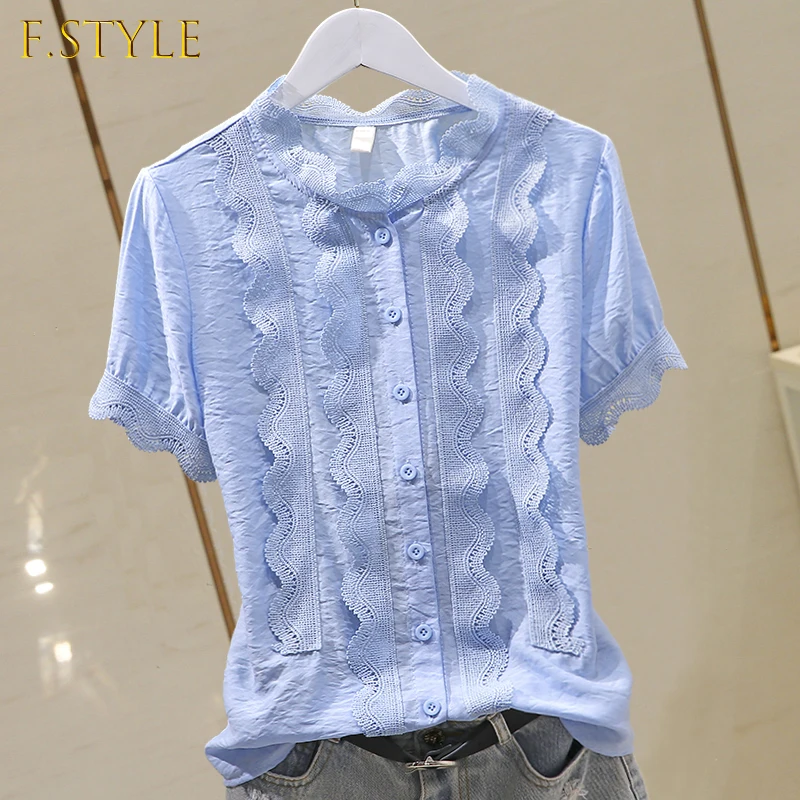 Enlarge Fashion Design Patchwork Lace Cotton Women Shirts All Match Solid Blue O-neck Office Lady Elegant Shirts Outwear Tops