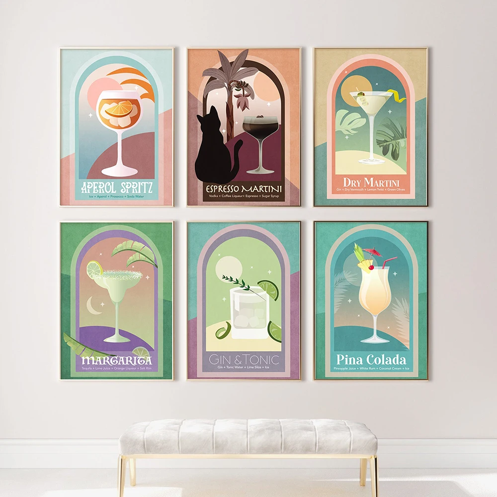 

Cocktail Prints Gallery Wall Mural Art Prints Cute Colored Liquor Drink Bar Canvas Painting Kitchen Decoration Poster Pictures