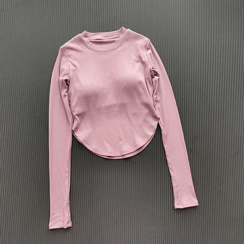 Women Solid Sport Shirts High Elastic Yoga Long Sleeve With Padded Bra Female Crop Top Quick Dry Sportswear Winter Breathable