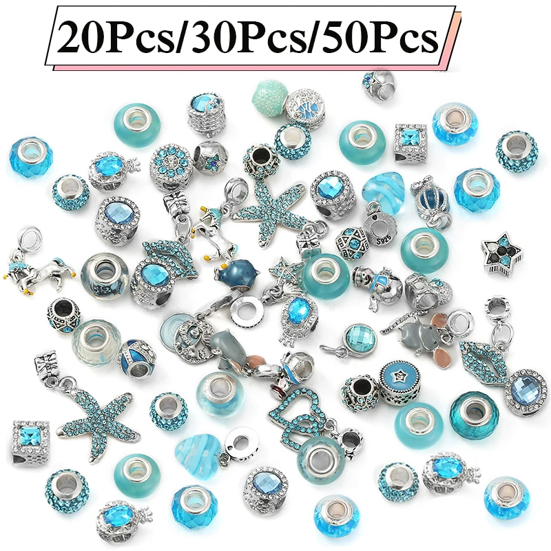 

100Pcs Silver Color Sparkling Blue Mixed Random Delivery Charm Beads Original Bracelets Necklaces Women Jewelry Making Wholesale