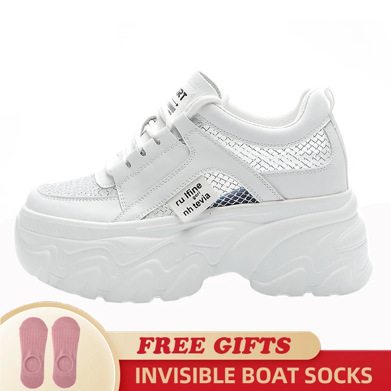 9cm Genuine Leather Women Sneakers Air Mesh Breathable Casual Sandals Hollow Platform Wedge Chunky 2023 Lace Up Summer Shoes