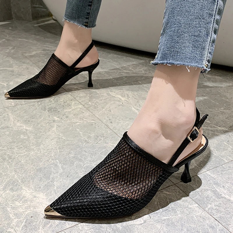 

Rimocy Black Breathable Mesh Pumps Women 2022 Summer Pointed Toe High Heels Shoes Woman Slingbacks Thin Heeled Sandals Mujer