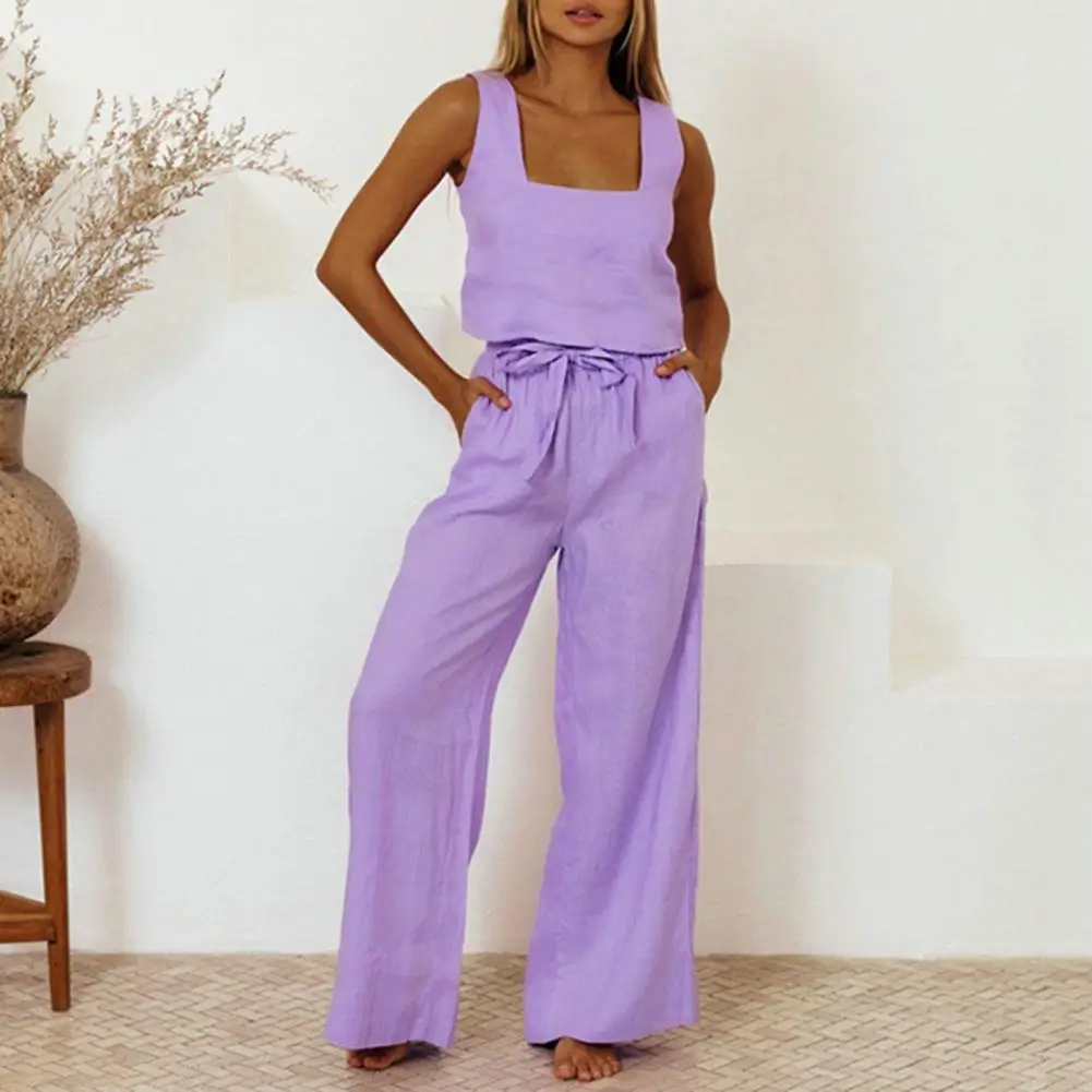 

Simple Casual Outfit Sleeveless Thin Solid Color Short Vest Wide Leg Long Pants Set Skin-touching Top Pants Set Streetwear