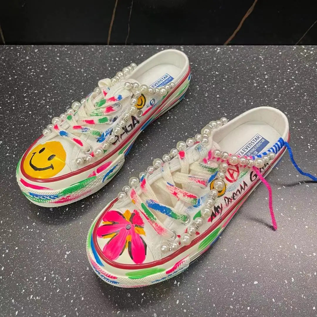 

Heavy industry graffiti beaded women's low-top canvas shoes handmade custom painted personalized flat shoes 35-40