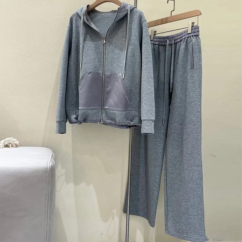 

2023 Casual Cotton Hooded Sets Women Long Sleeve Zipper Jacket Wide Leg Pants Fashion Loose Solid Color 2 Pieces Sportswear Suit