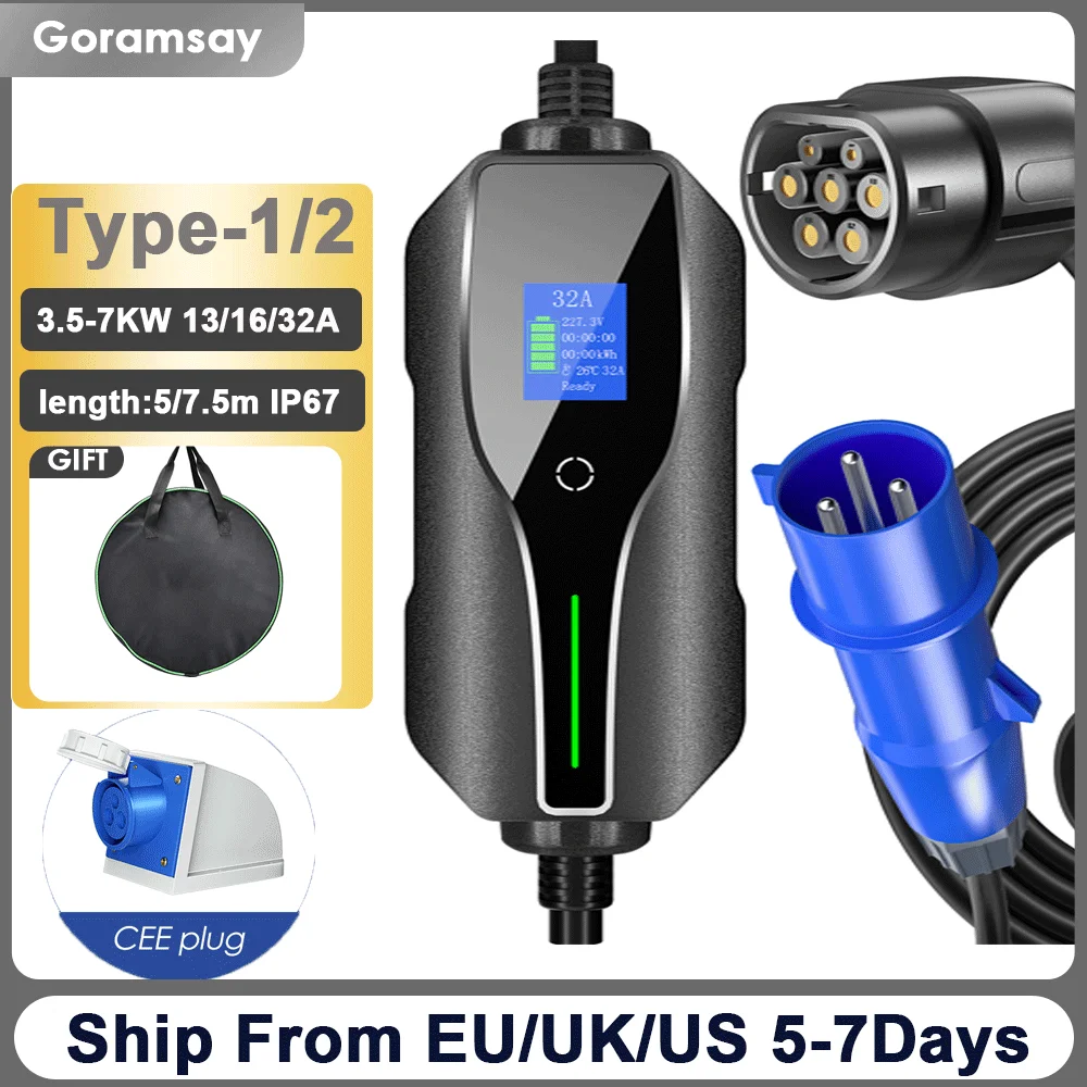 

Goramsay Portable EV Charger Type2 Adjustable Current 32A Electric Vehicle Car Charger Type1 j1772 Single Phase 7kw CEE Plug