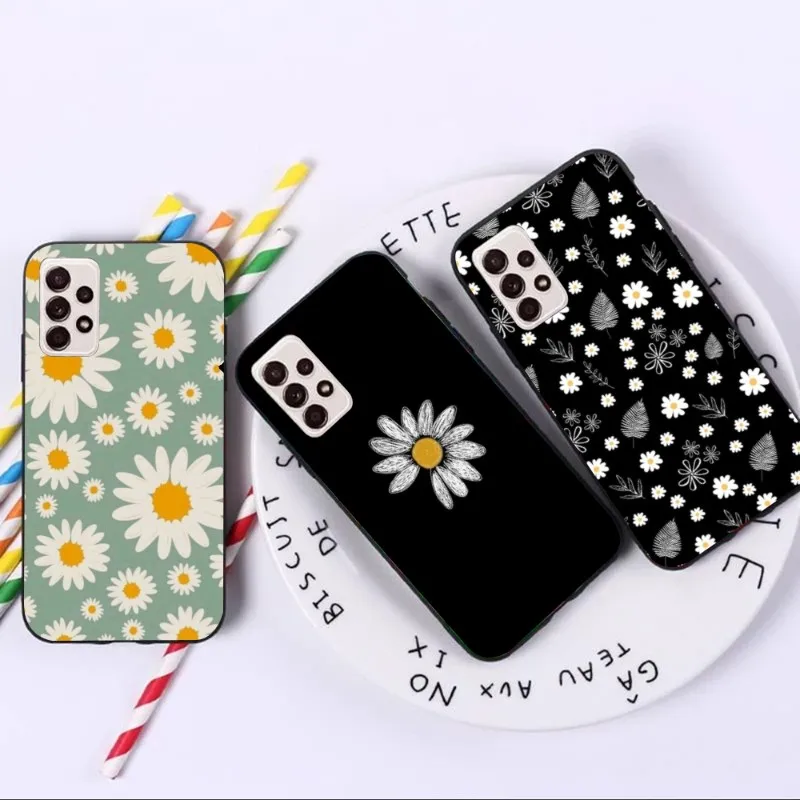 

Красивый чехол для телефона с маргаритками и цветами для Samsung A91, A81, A73, A72, A71, A30S, A20, A12, A13, A52, A53, 4G, 55, черный мягкий чехол