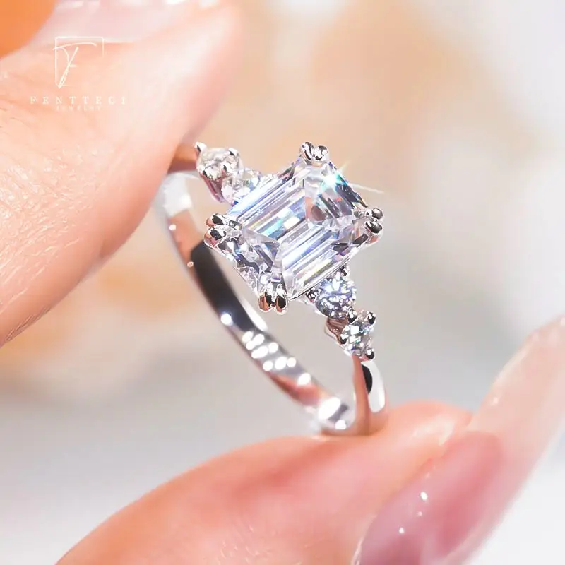 FENTTECI S925 Sterling Silver Platinum Plated Moissanite Ring Emerald Cut Ring Fine Luxury Jewelry for Women Engagement Wedding