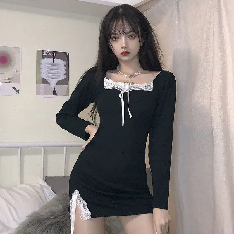 

French Style Black Dress Lace Patchwork Square Collar Women's Dress Spring Autumn Long Sleeve Party Dresses Sexy Wrap Hip Robes