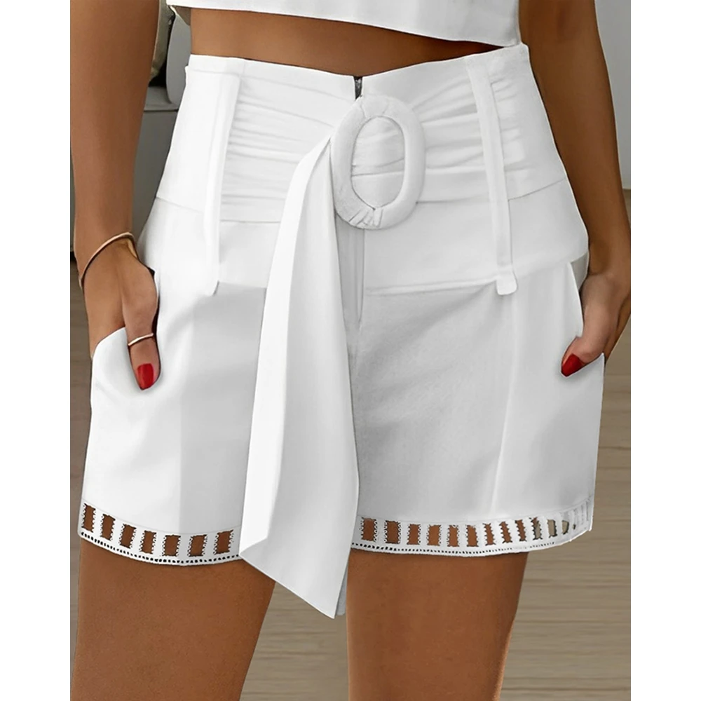 Women High Waist Belted Pocket Design Belted White Shorts Female Casual Elegant Summer Hollow-out Hot Pants Jeans Shorts Women