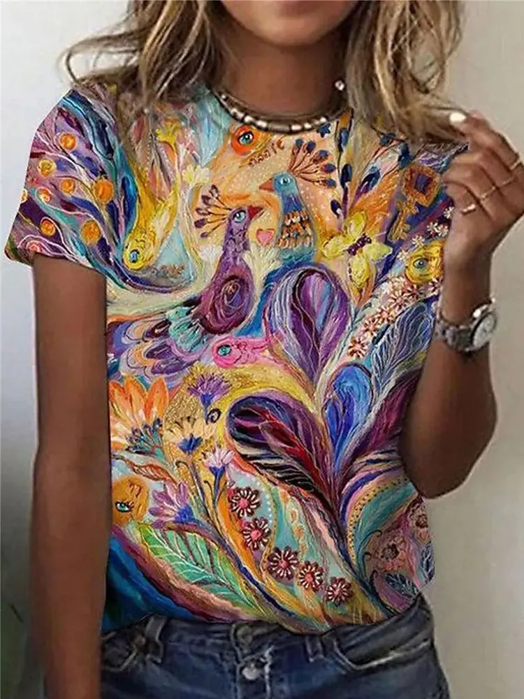 

Женские футболки с коротким рукавом и принтом павлина, повседневные футболки с круглым вырезом и 3D-принтом, 2022