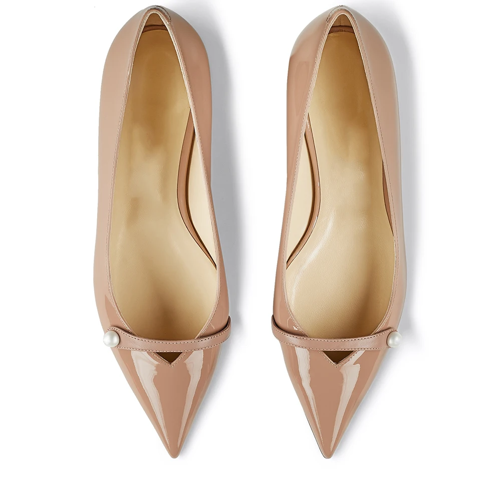 2023 Women's Nude Flat Pumps With Pearl Decor Pointed Toe White Strappy Flats Casual Dress Shoes Ladies Large Size Party Shoe
