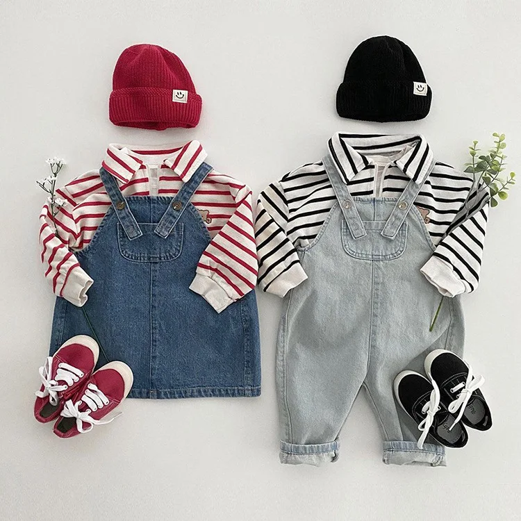 Criscky Baby Boys Girls Striped T-shirts Lapel Kids T-shirt Children Tees Tops Long-sleeve Clothes for Spring Kids Outfits