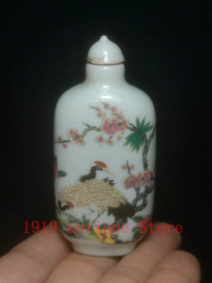 

1919 Collection Old China Famille rose Porcelain Painting Crane Flowers Snuff Bottle Decoration gift