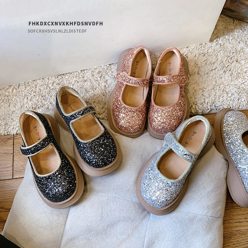 

Туфли детские кожаные блестящие, для вечеринки, свадьбы, туфли с блестками, мягкая плоская подошва, Мэри Джейн, черные Серебристые