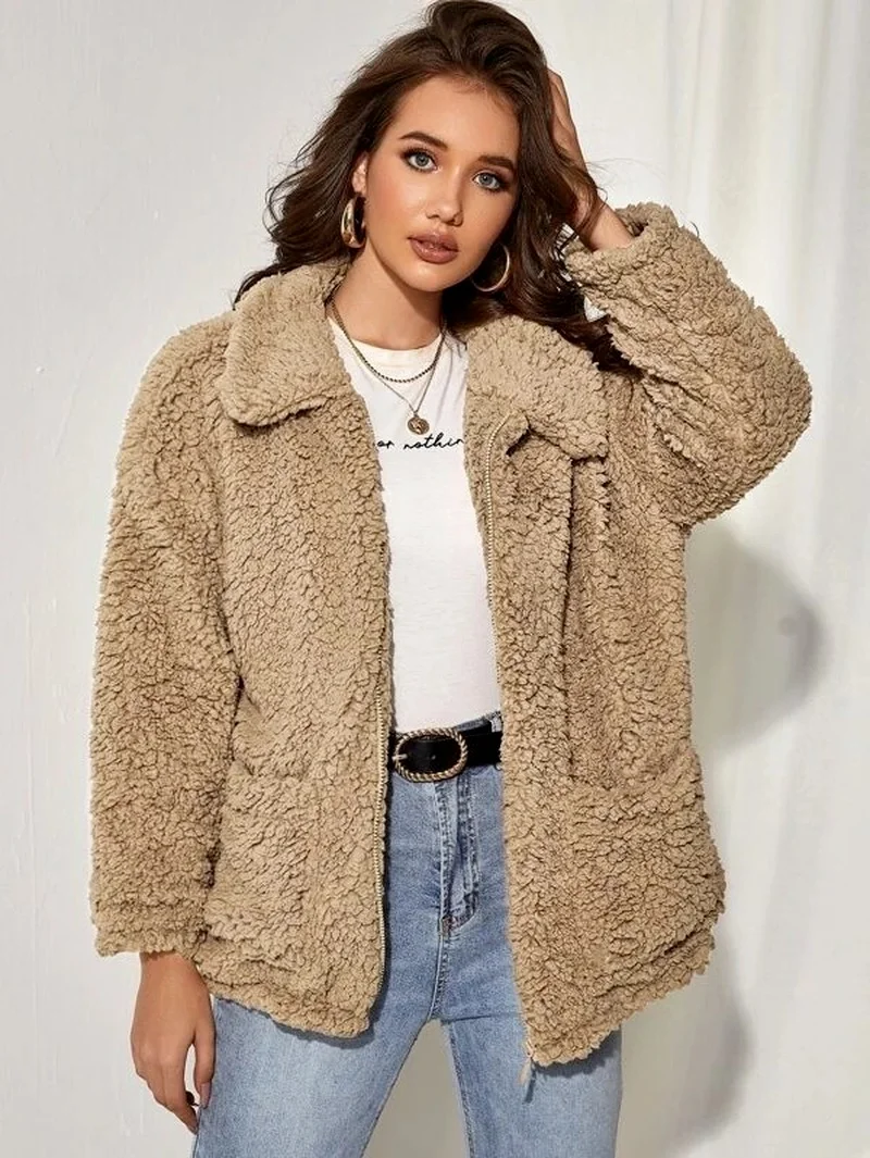 Imitation Lamb Wool Coat Women Autumn Winter Warm Thick Faux Fur Coats Solid Colors Zipper Style Furry Jackets Fashion Outwears