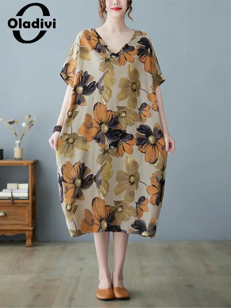 

Oladivi, Одежда большого размера d, летнее женское винтажное платье с коротким рукавом в стиле ретро, повседневные свободные платья большого ра...