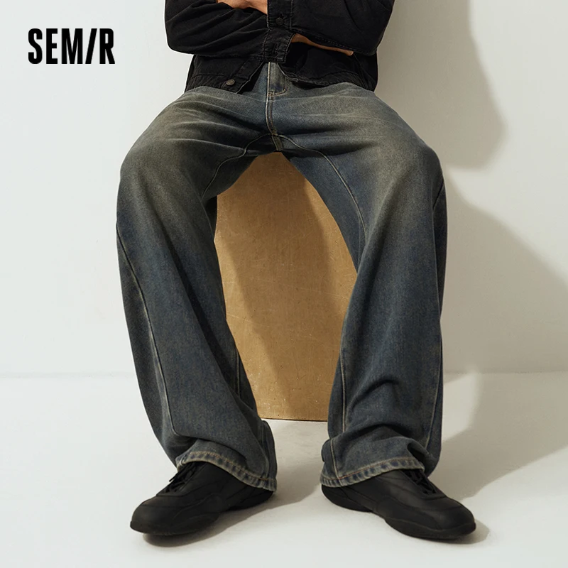 Фото Джинсы Semir в одном стиле, мужские потертые брюки в стиле ретро, широкие брюки с изогнутыми лезвиями, свободная дуга, новинка 209, зимняя мужская одежда №3