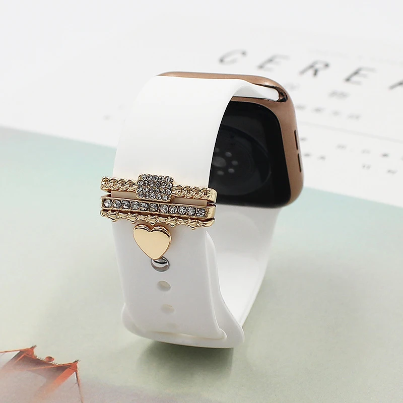 

Металлическое кольцо для Apple Watch band 45/41/44/40/42/38 мм, декоративный бриллиантовый орнамент, силиконовый ремешок, браслет, ремень