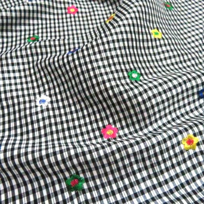 Chemical Fiber Embroidery Lining Spring and Autumn Black and White Plaid Yarn-Dyed Bottom Color Small Petals Embroidery J