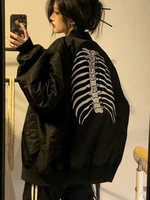 deeptown gothic streetwear skeleton baseball uniform women punk black zip up bomber jacket vintage loose long sleeve couple coat