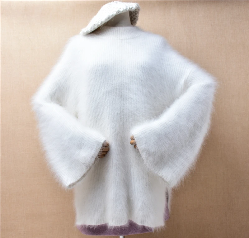 

Female Women Fall Winter White Thick Warm Hairy Mink Cashmere Knitted Turtleneck Long flare Sleeves Loose Pullover Sweater Pull