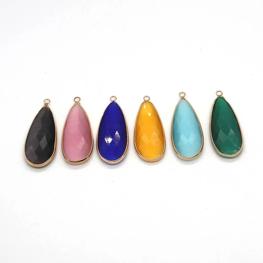 

Natural Cat's Eye Stone Faceted Drop Pendant 22x30mm Metal Edge Fashion Jewelry DIY Handmade Gift Necklace Earring Accessories