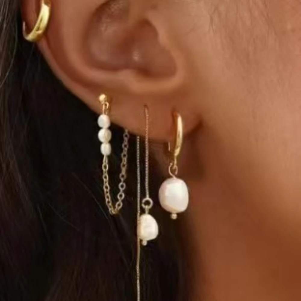 4 יחידות סט צ'ארם אוזן מפלדת אל-חלד עם חרוזי חיטה משובצים בזירקון, פנינה מדמה, תליון חרוזים, עגילי חישוק, עצם אוזן וציפורן לנשים תכשיטים