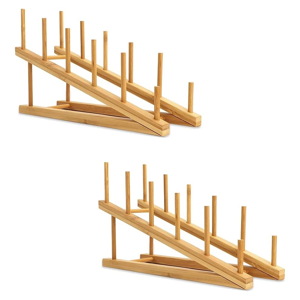 

2 PCS Wooden Dish Rack Bamboo Plate Rack Stand Pot Lid Holder, Dish Drying Rack Kitchen Cabinet Organizer for Dish Plate