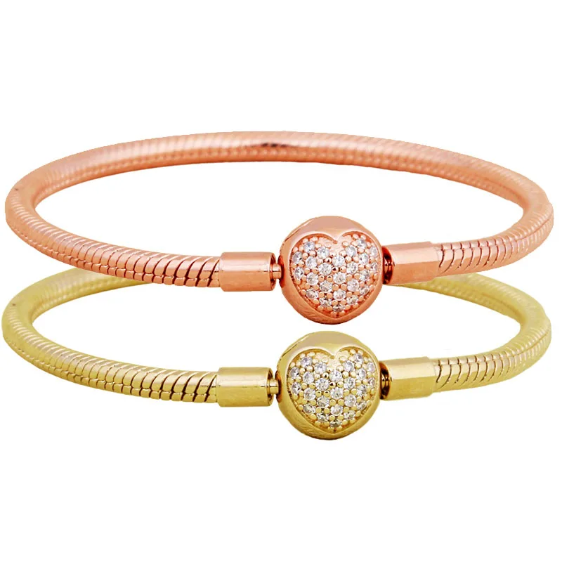 

New 925 Sterling Silver Rose Gold Pave Heart With Crystal Snake Chain Bracelet For Popular Bangle Bead Charm Diy Jewelry