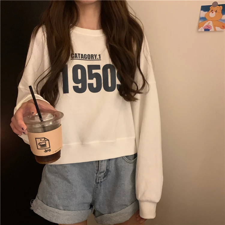 

WW1350 New women's sweater short style with letter print thin long-sleeved white top