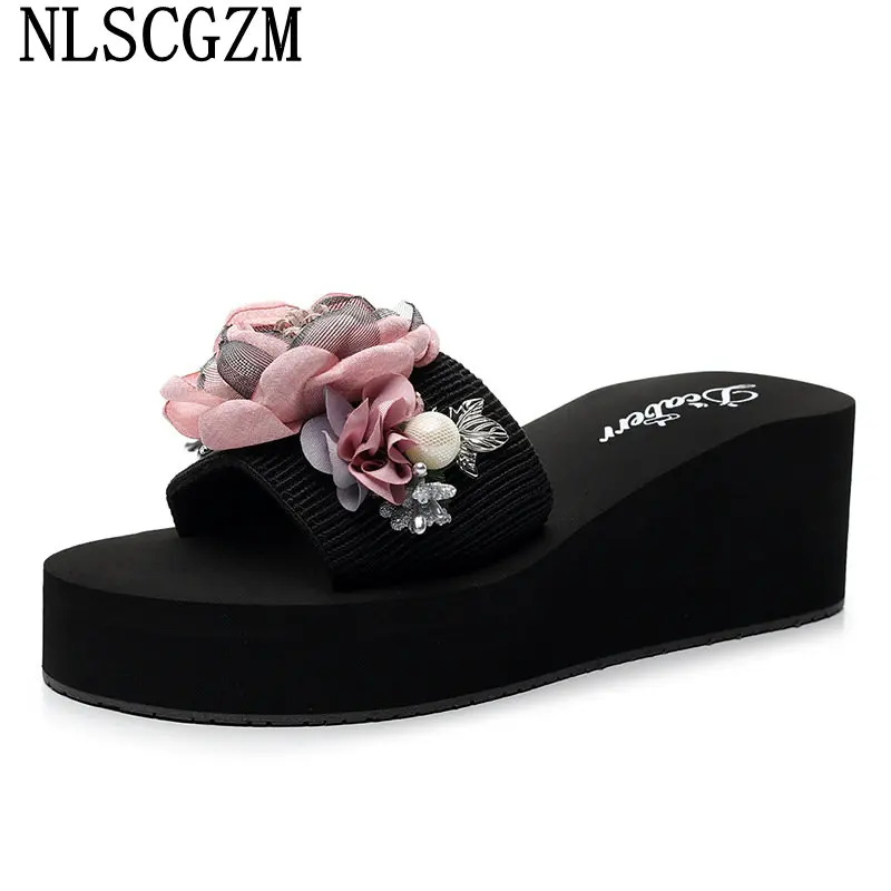 

Тапки женские на платформе, роскошные летние туфли на танкетке, с цветами