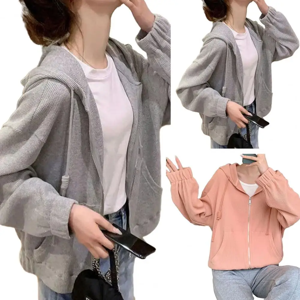 

Women Spring Autumn Sweatshirt Coat Hooded Drawstring Long Sleeve Casual Cardigan Zipper Placket Waffle Texture Thin Sport Coat