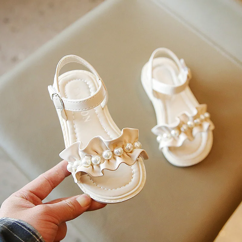 

Size 23-34 Kids Sandals 2022 Beige Black Summer Girls Sandal Ruffles Pearl Princess Shoes Anti-Slip Baby Beach Sandal Toddler