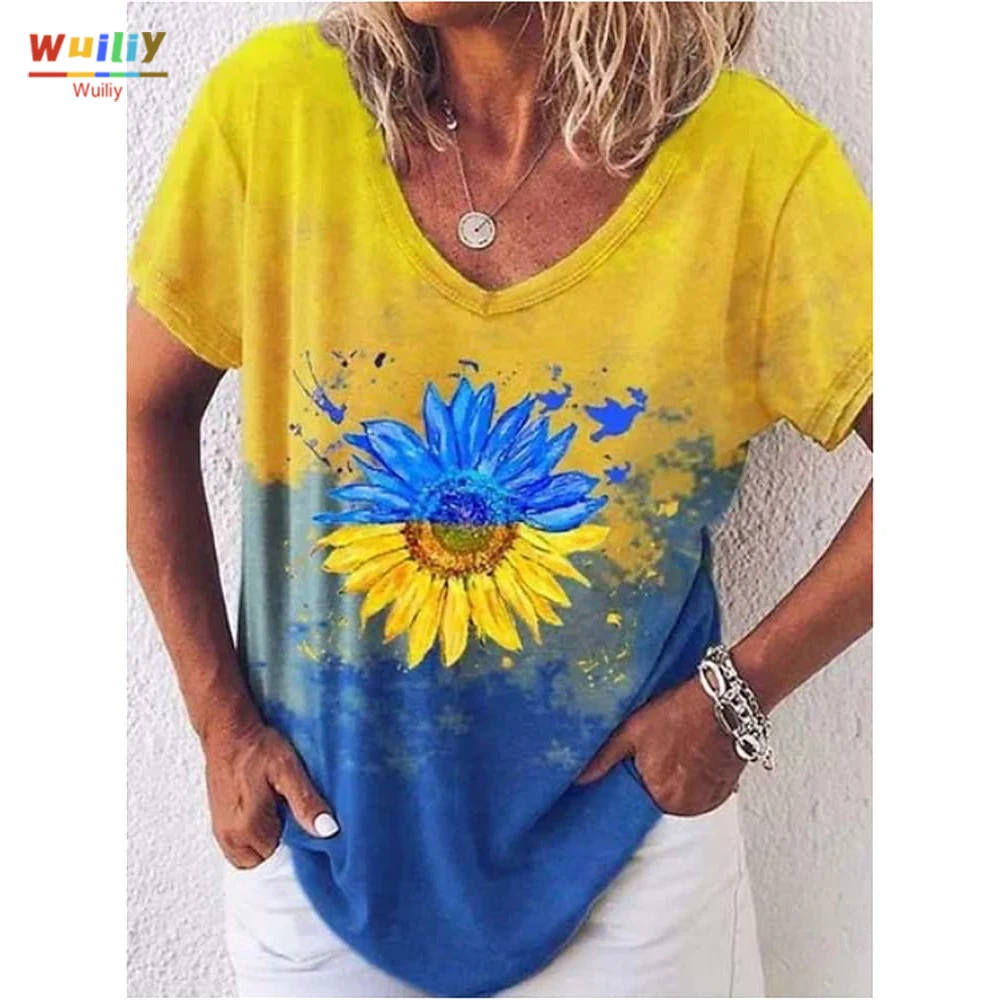 

Women's Art Sun Flower Graphic Tee Floral Print T Shirt Streetwear Top Pattern Casual Short Sleeve Cotton V-neck Tshirt
